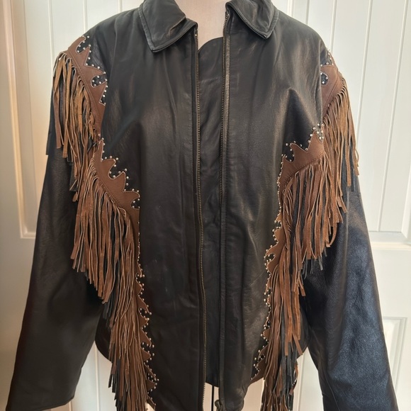 Jackets & Blazers - Western World Black Leather Jacket Fringe Studded XXL